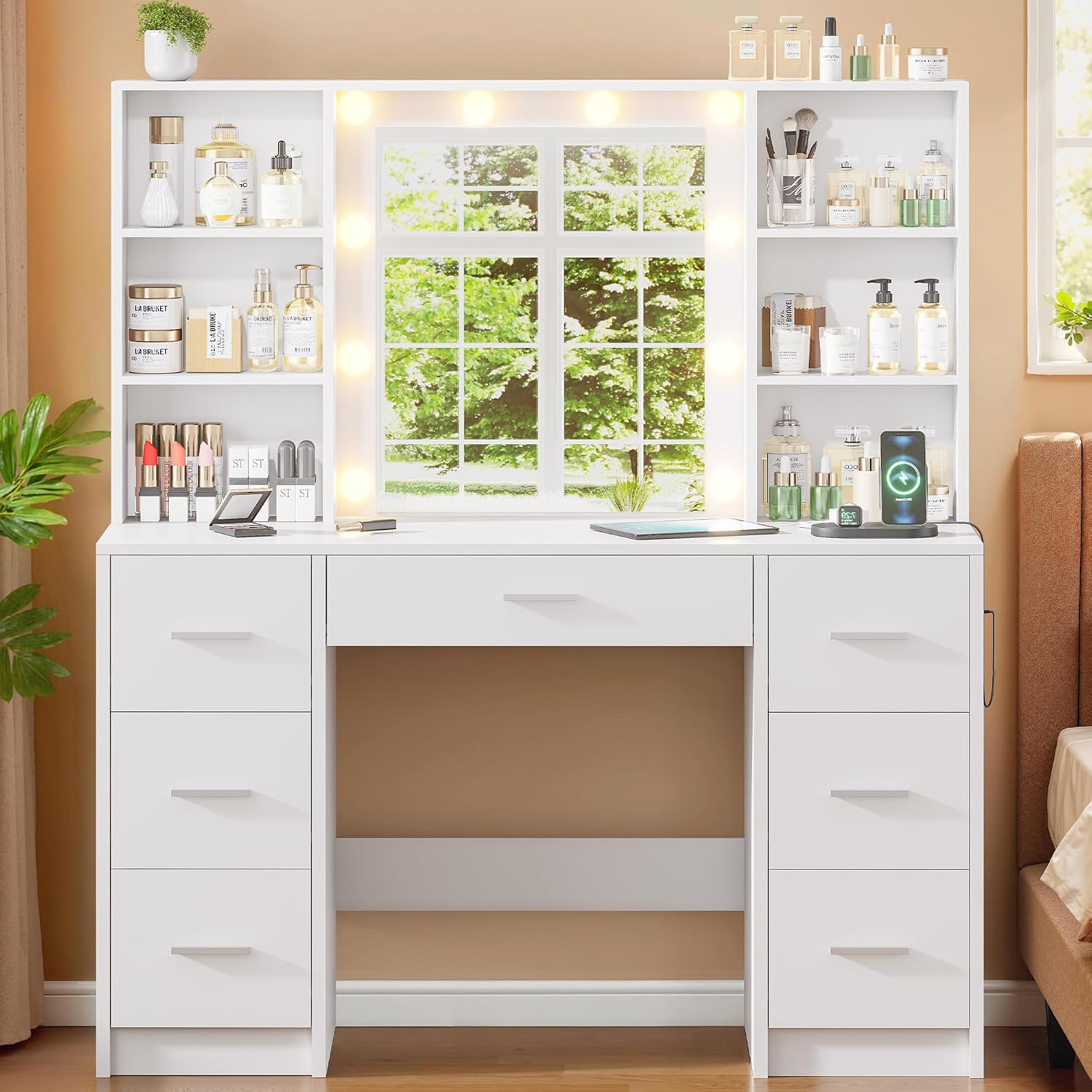 Home Outlet Bathroom Mirrors - Grote kaptafel met LED-spiegel & stopcontact,