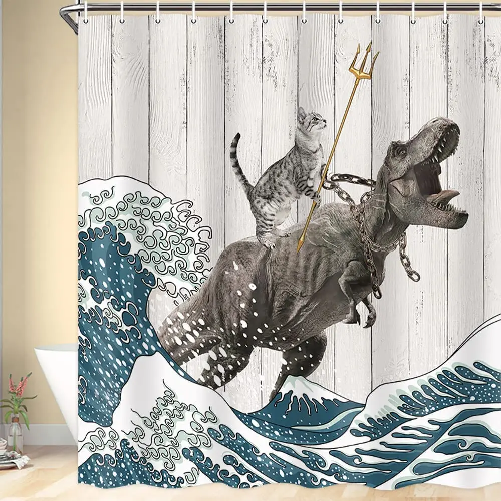 Shower Curtain Liner - Grappige Kat Douchegordijn, Coole Kat Dinosaurus