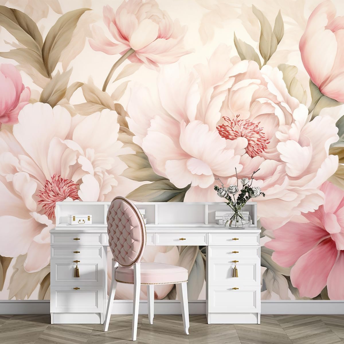 Elegante pioenroos bloemenmuur - Home Bathroom Vanity recensie en prijs