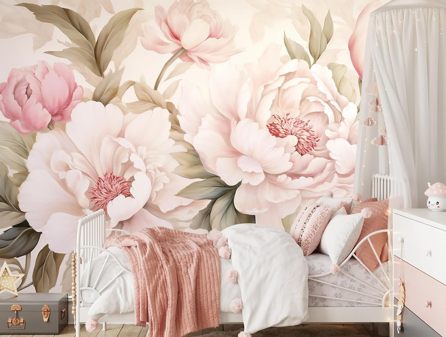 Elegante pioenroos bloemenmuur - Home Bathroom Vanity recensie en prijs