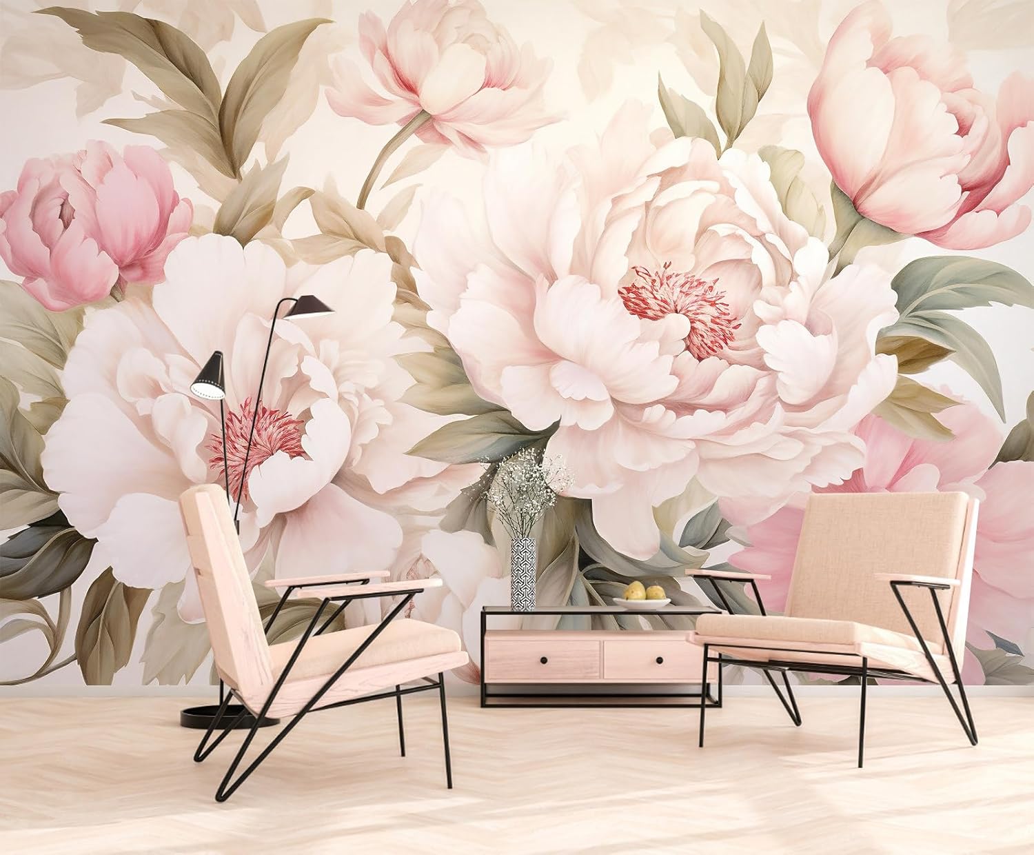 Elegante pioenroos bloemenmuur - Home Bathroom Vanity recensie en prijs